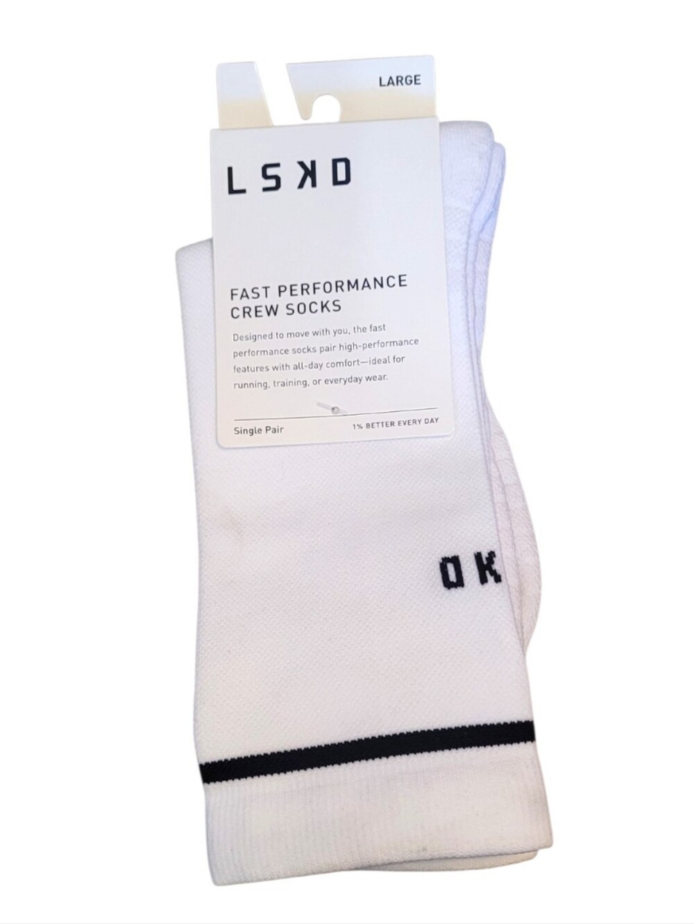 LSKD White Fast Performance Crew Socks Size L NWT